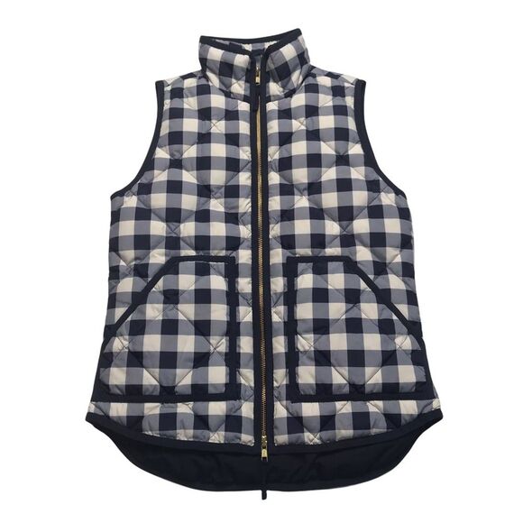 J. Crew Buffalo Check Cream and Navy Double Zip Down Filled Puffer Vest Sz XXS - Picture 1 of 13